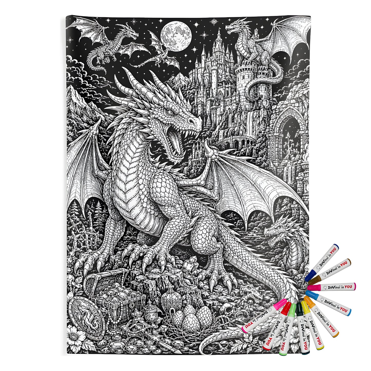 Moonlit Dragon Castle Indoor Wall Tapestry coloring kit mockup with polyester and graphic print