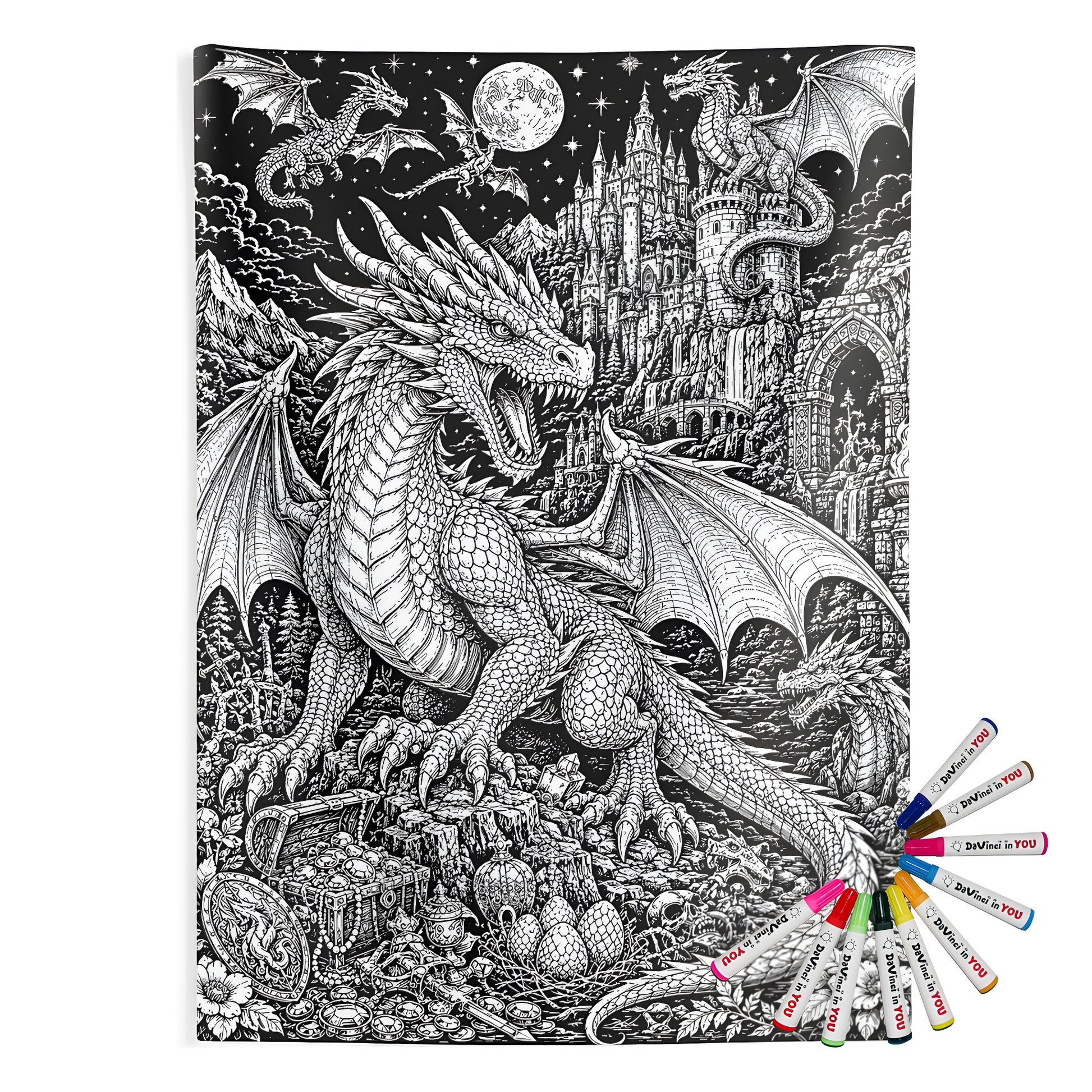 Moonlit Dragon Castle Indoor Wall Tapestry coloring kit mockup with polyester and graphic print