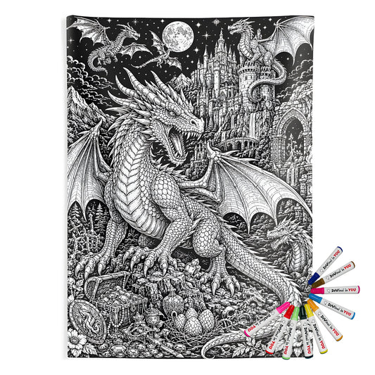 Moonlit Dragon Castle Indoor Wall Tapestry coloring kit mockup with polyester and graphic print