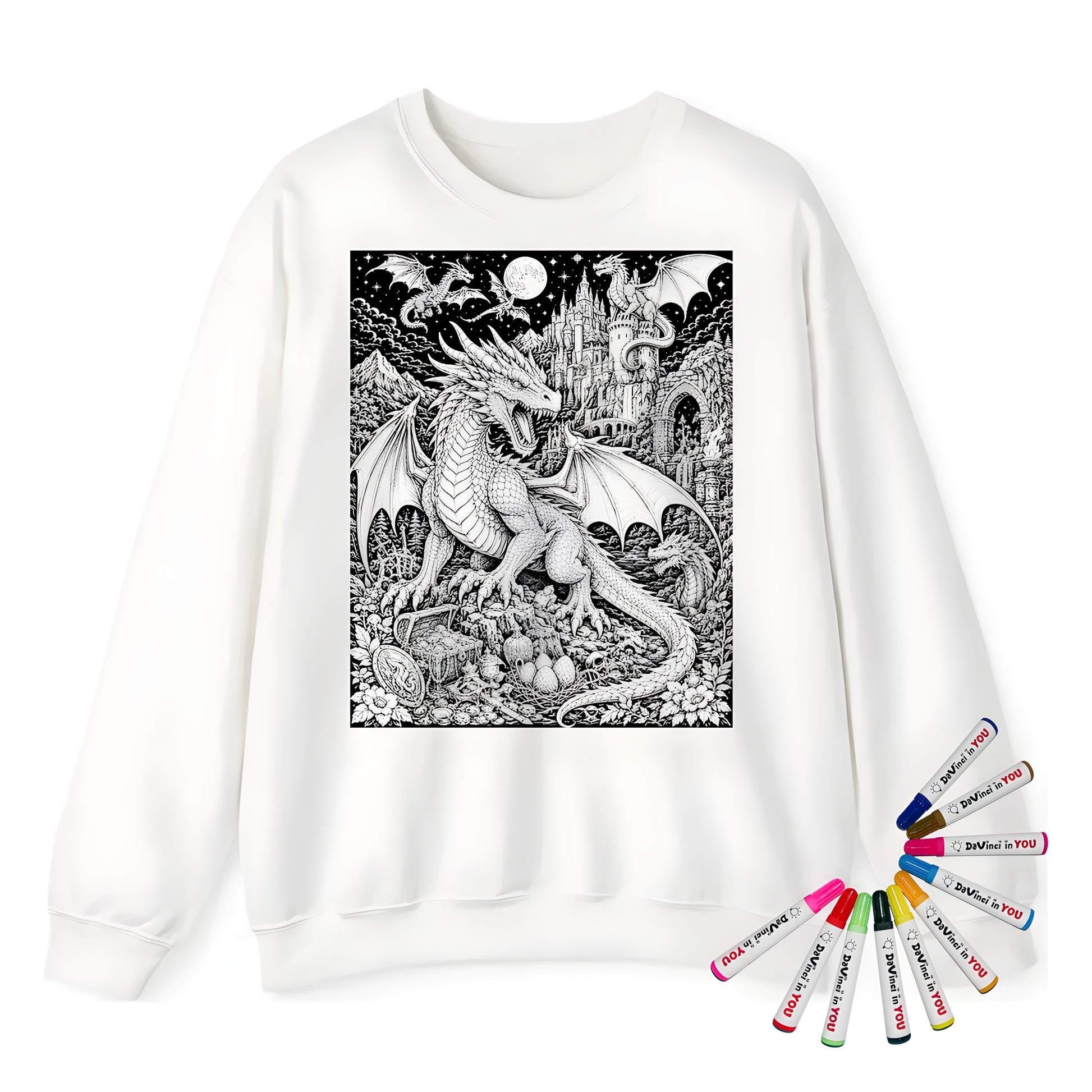 Moonlit Dragon Castle Adult Crewneck Sweatshirt coloring kit mockup with white base, cotton/polyester blend, and graphic print