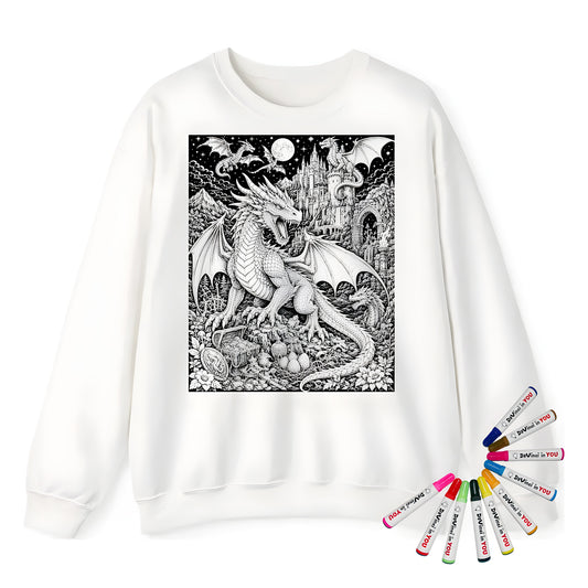 Moonlit Dragon Castle Adult Crewneck Sweatshirt coloring kit mockup with white base, cotton/polyester blend, and graphic print