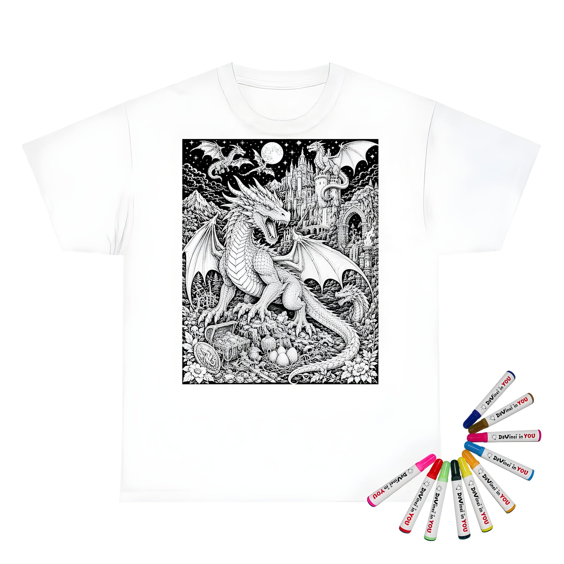 Moonlit Dragon Castle Kids T-Shirt coloring kit mockup with white base, cotton, and graphic print