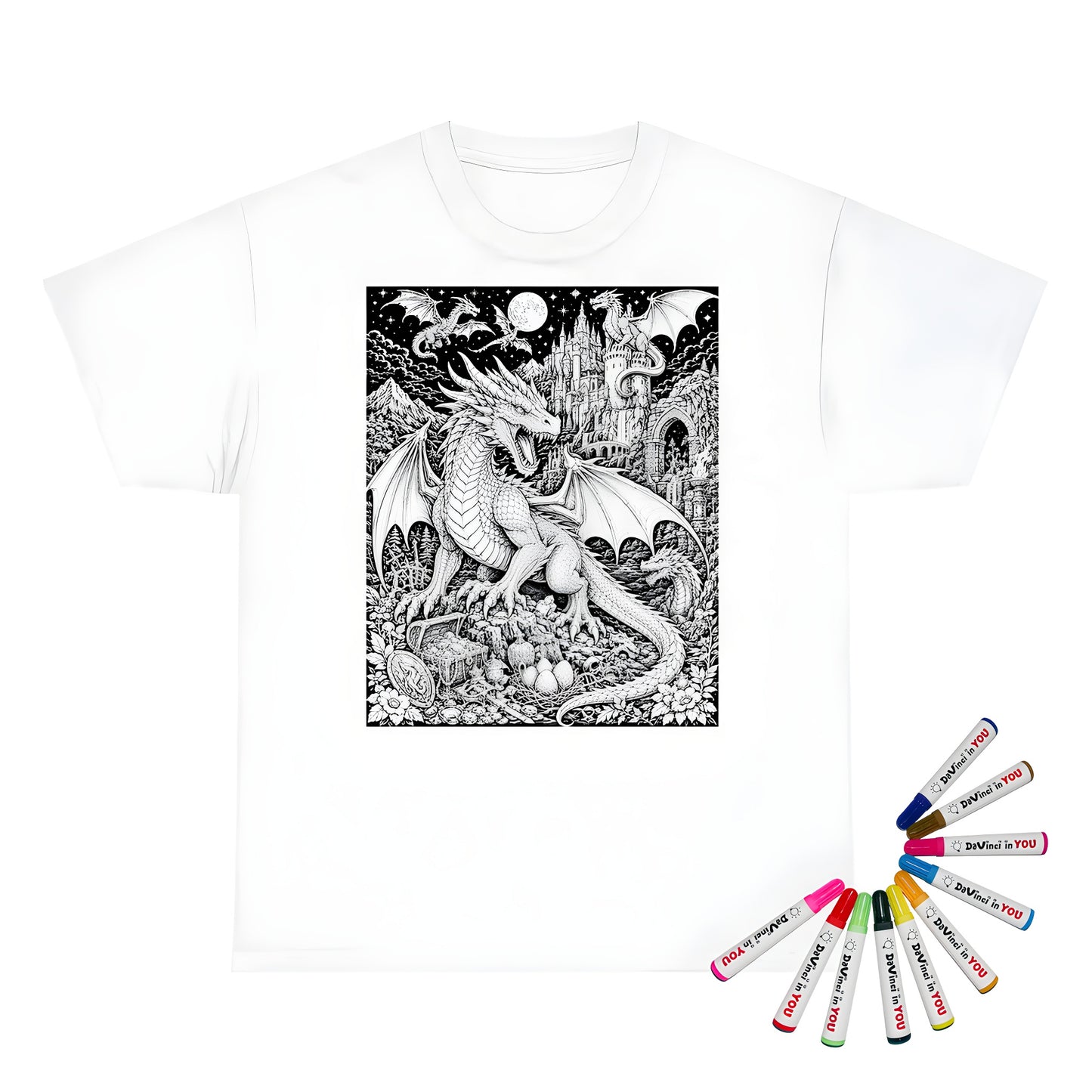 Moonlit Dragon Castle Unisex T-Shirt coloring kit mockup with white base, cotton, and graphic print