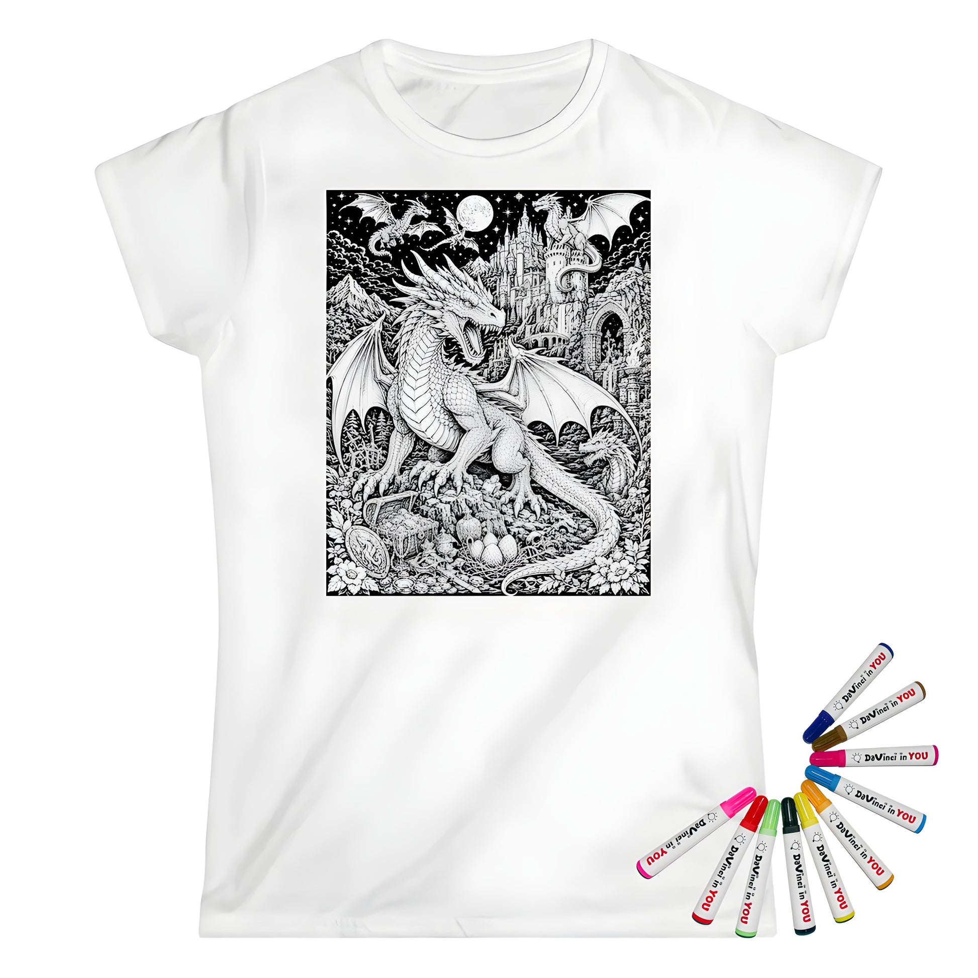 Moonlit Dragon Castle Womens T-Shirt coloring kit mockup with white base, cotton, and graphic print