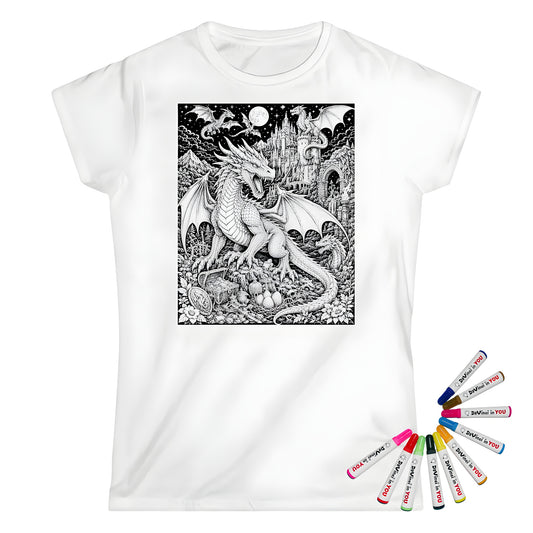 Moonlit Dragon Castle Womens T-Shirt coloring kit mockup with white base, cotton, and graphic print