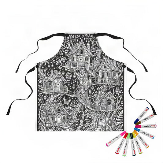 Moonlit Fairy Treehouse Village Apron coloring kit mockup with polyester and graphic print