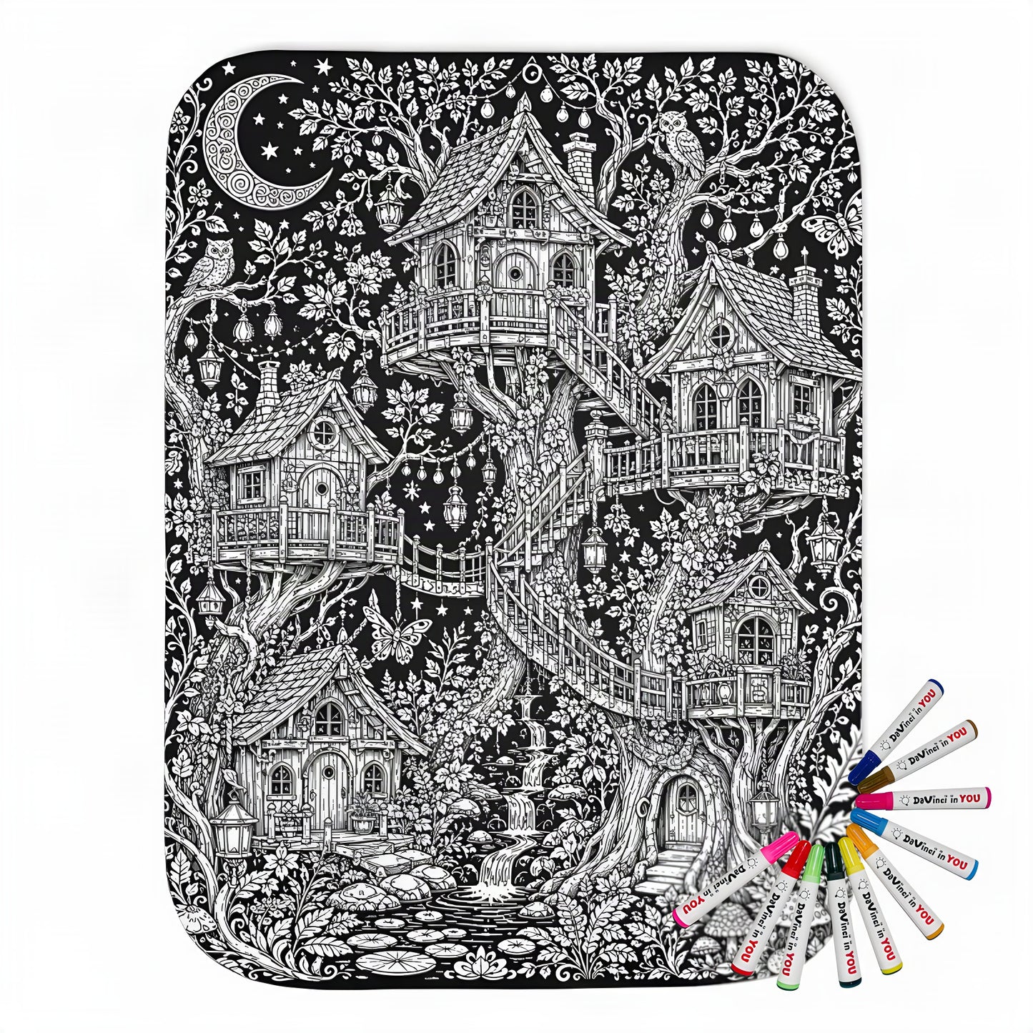 Moonlit Fairy Treehouse Village Sherpa Blanket coloring kit mockup with polyester and graphic print