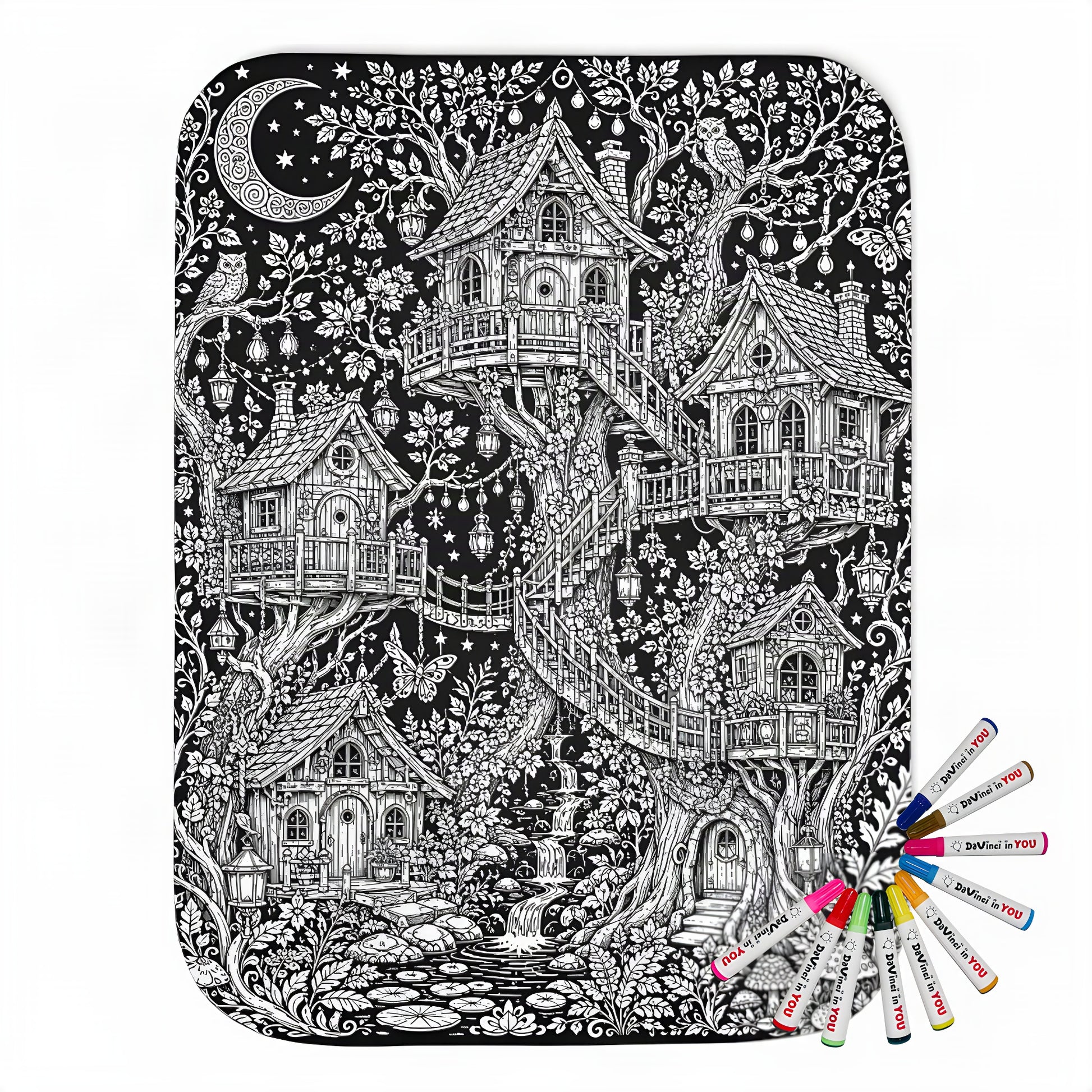 Moonlit Fairy Treehouse Village Sherpa Blanket coloring kit mockup with polyester and graphic print