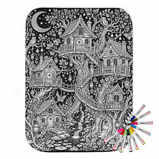 Moonlit Fairy Treehouse Village Sherpa Blanket coloring kit mockup with polyester and graphic print