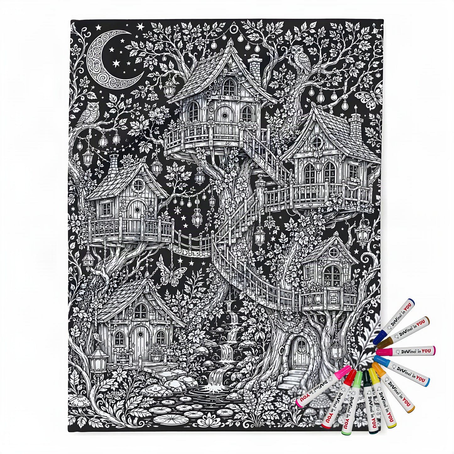 Moonlit Fairy Treehouse Village Fleece Blanket coloring kit mockup with polyester fleece and graphic print