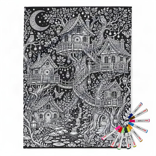 Moonlit Fairy Treehouse Village Fleece Blanket coloring kit mockup with polyester fleece and graphic print