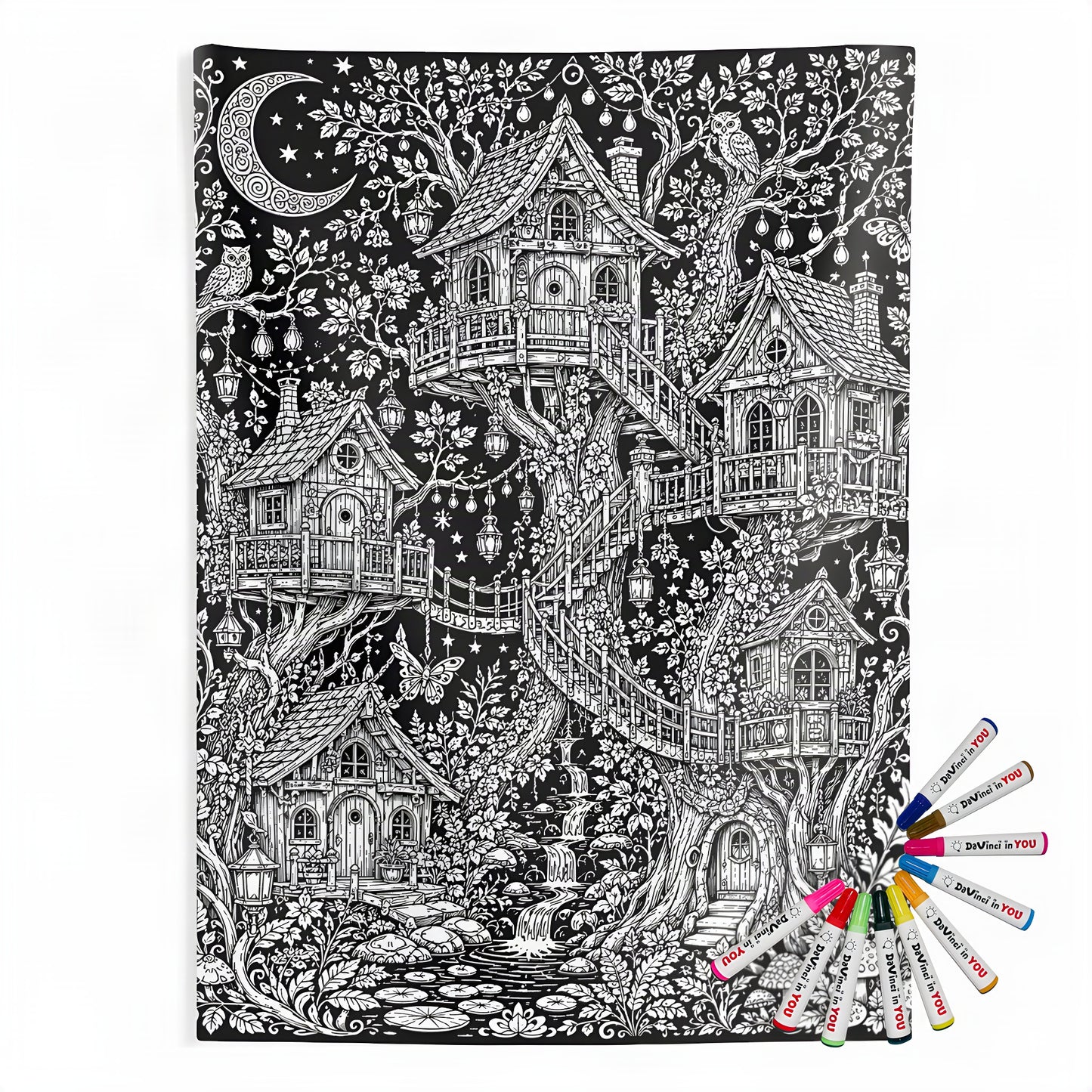 Moonlit Fairy Treehouse Village Indoor Wall Tapestry coloring kit mockup with polyester and graphic print