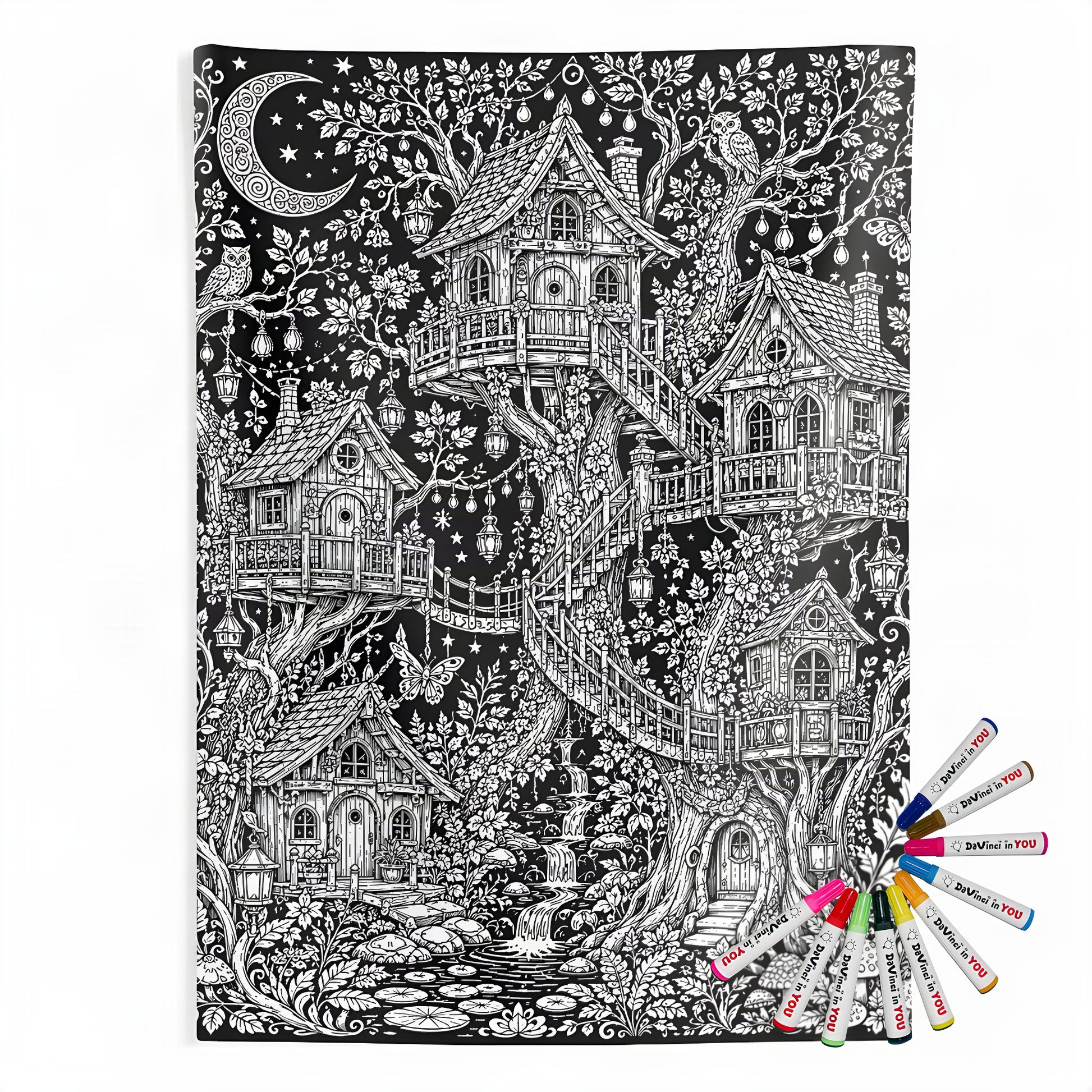 Moonlit Fairy Treehouse Village Indoor Wall Tapestry coloring kit mockup with polyester and graphic print