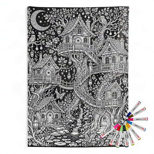 Moonlit Fairy Treehouse Village Indoor Wall Tapestry coloring kit mockup with polyester and graphic print