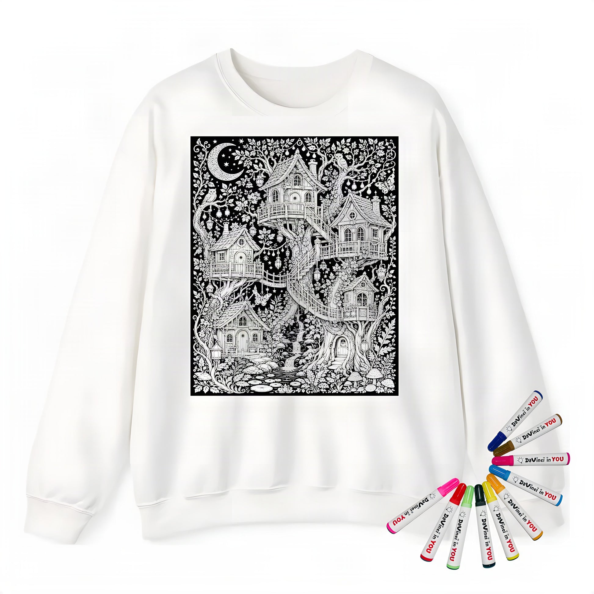 Moonlit Fairy Treehouse Village Adult Crewneck Sweatshirt coloring kit mockup with white base, cotton/polyester blend, and graphic print