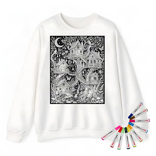 Moonlit Fairy Treehouse Village Adult Crewneck Sweatshirt coloring kit mockup with white base, cotton/polyester blend, and graphic print