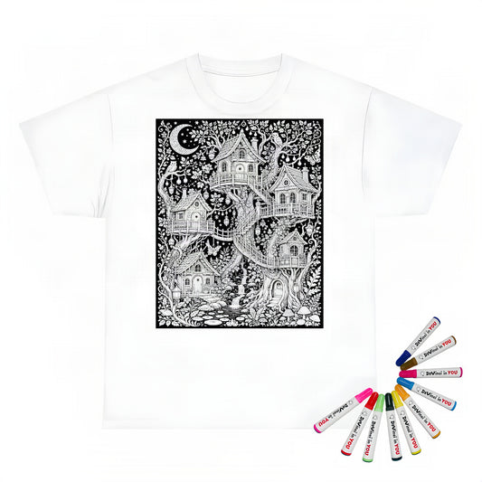 Moonlit Fairy Treehouse Village Kids T-Shirt coloring kit mockup with white base, cotton, and graphic print