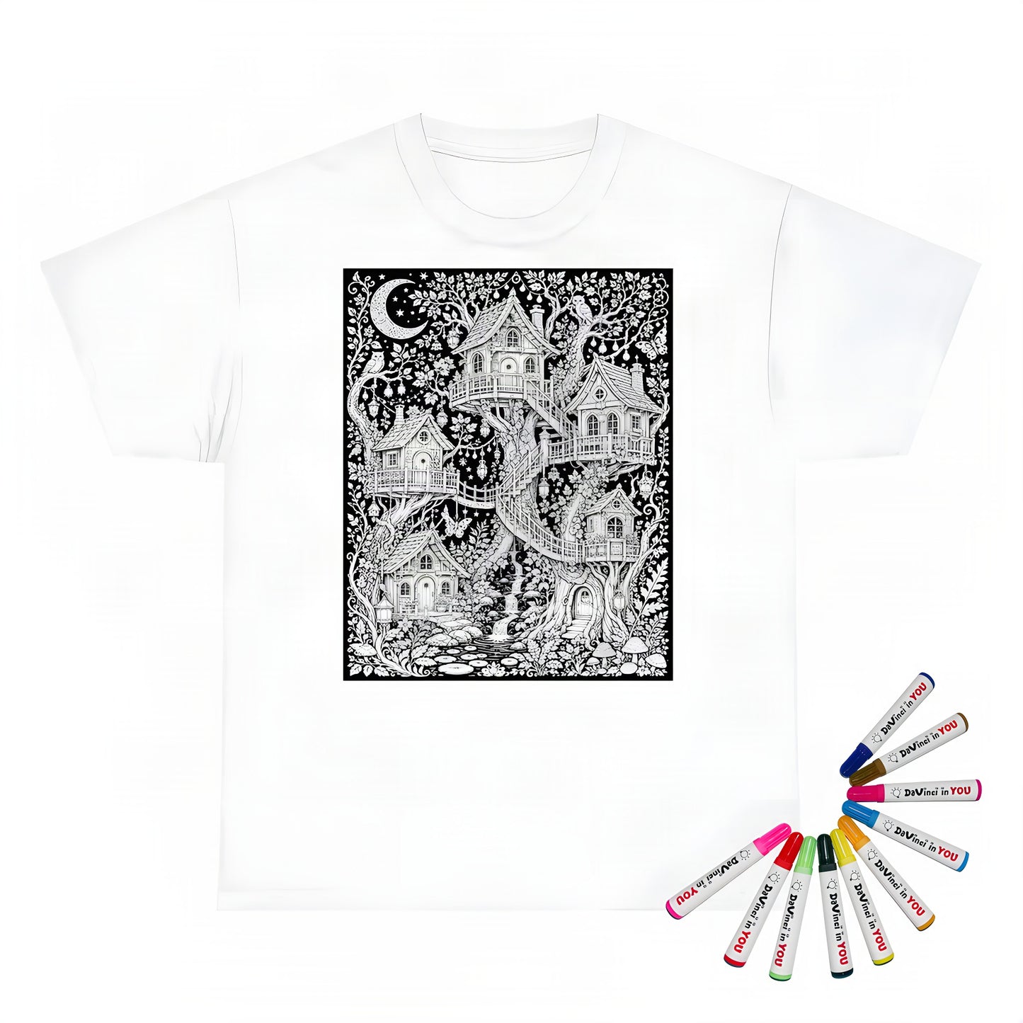 Moonlit Fairy Treehouse Village Unisex T-Shirt coloring kit mockup with white base, cotton, and graphic print