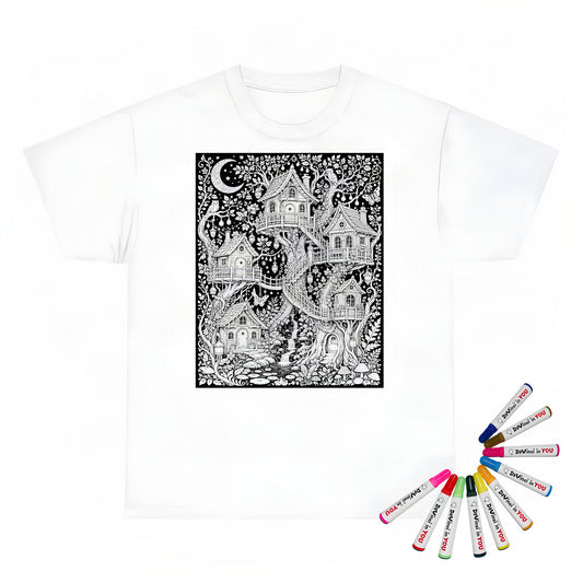 Moonlit Fairy Treehouse Village Unisex T-Shirt coloring kit mockup with white base, cotton, and graphic print