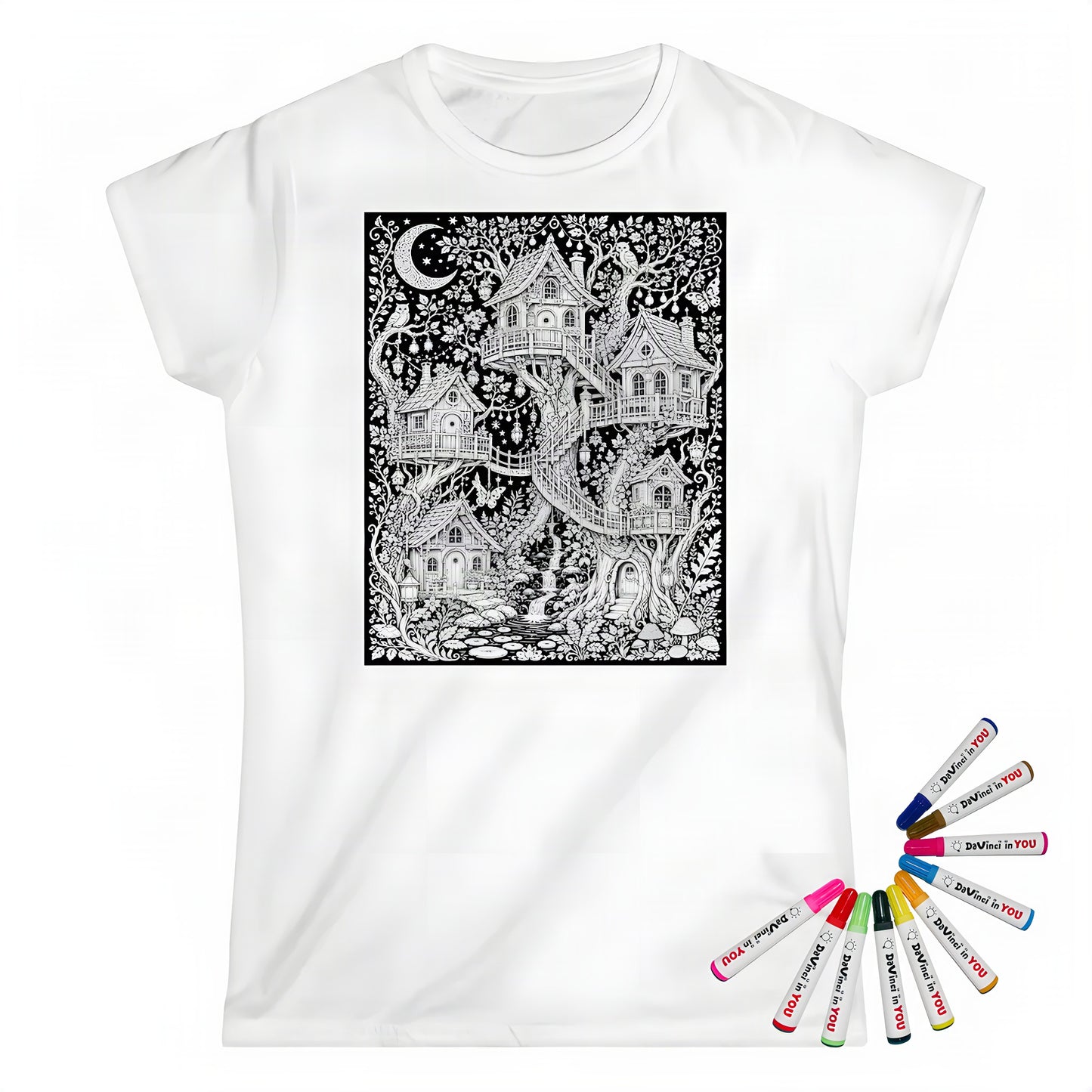 Moonlit Fairy Treehouse Village Womens T-Shirt coloring kit mockup with white base, cotton, and graphic print