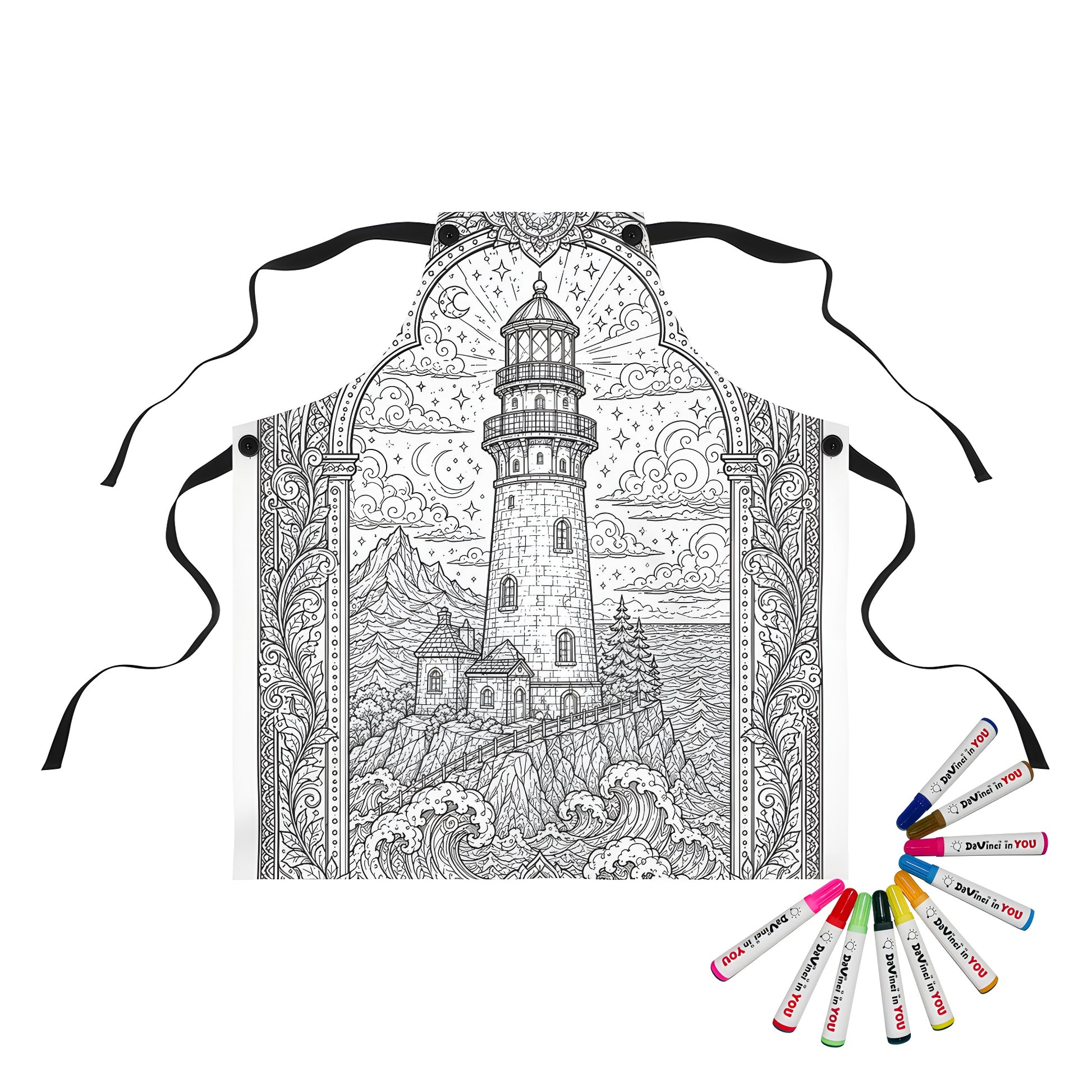 Moonlit Lighthouse By the Sea Apron coloring kit mockup with polyester and graphic print
