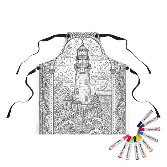 Moonlit Lighthouse By the Sea Apron coloring kit mockup with polyester and graphic print