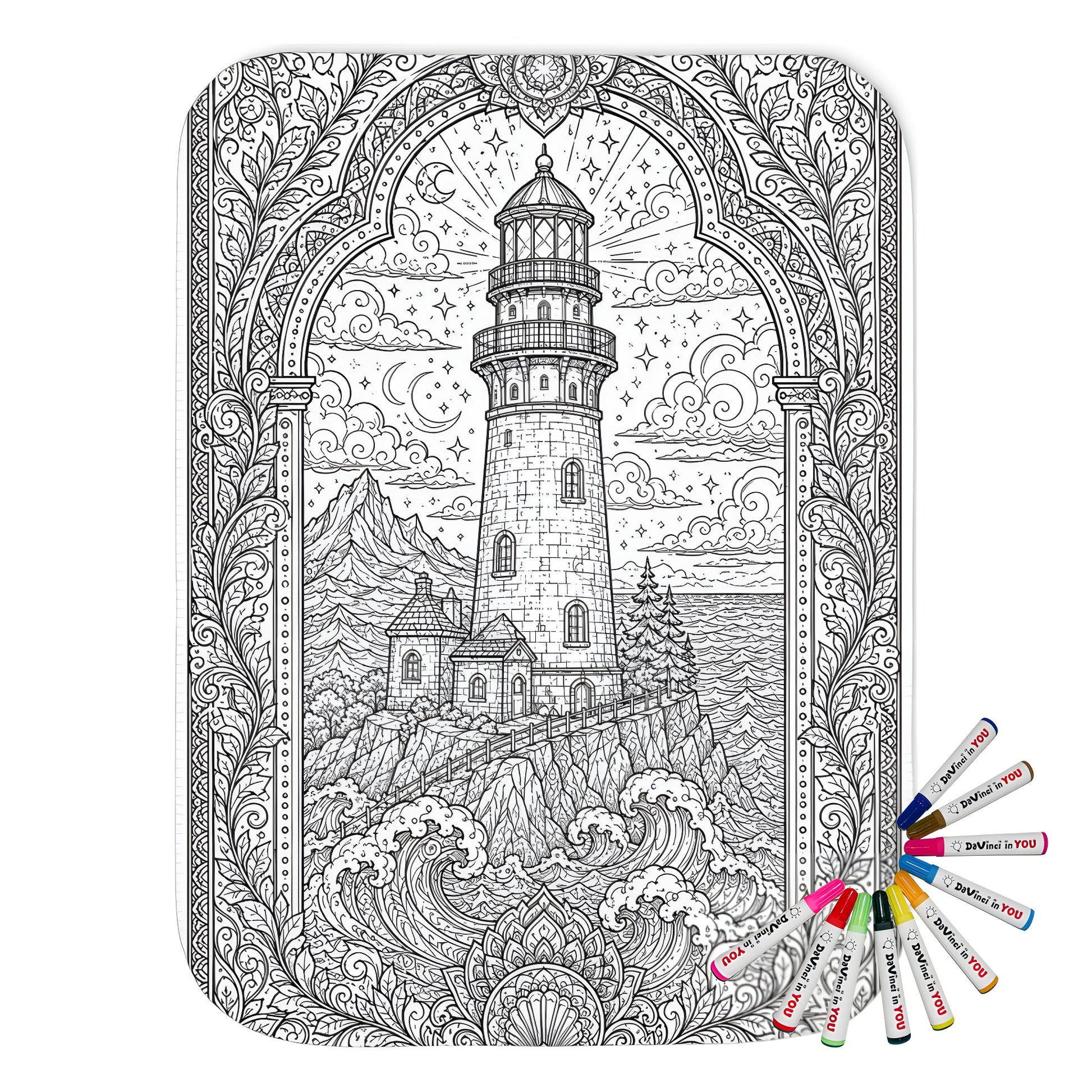 Moonlit Lighthouse By the Sea Sherpa Blanket coloring kit mockup with polyester and graphic print