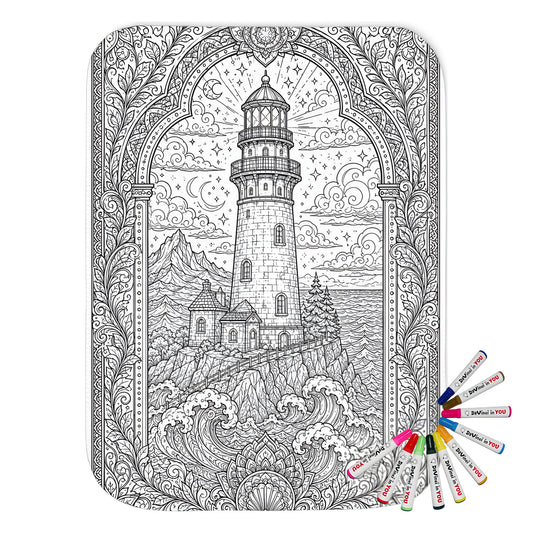 Moonlit Lighthouse By the Sea Sherpa Blanket coloring kit mockup with polyester and graphic print