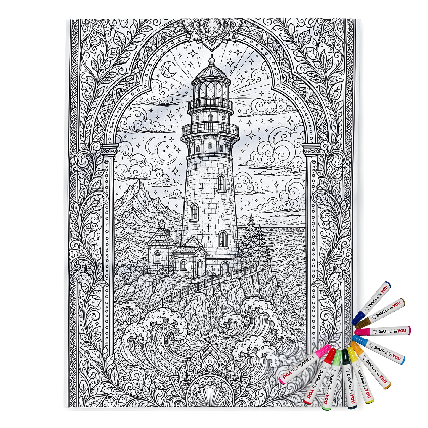 Moonlit Lighthouse By the Sea Fleece Blanket coloring kit mockup with polyester fleece and graphic print
