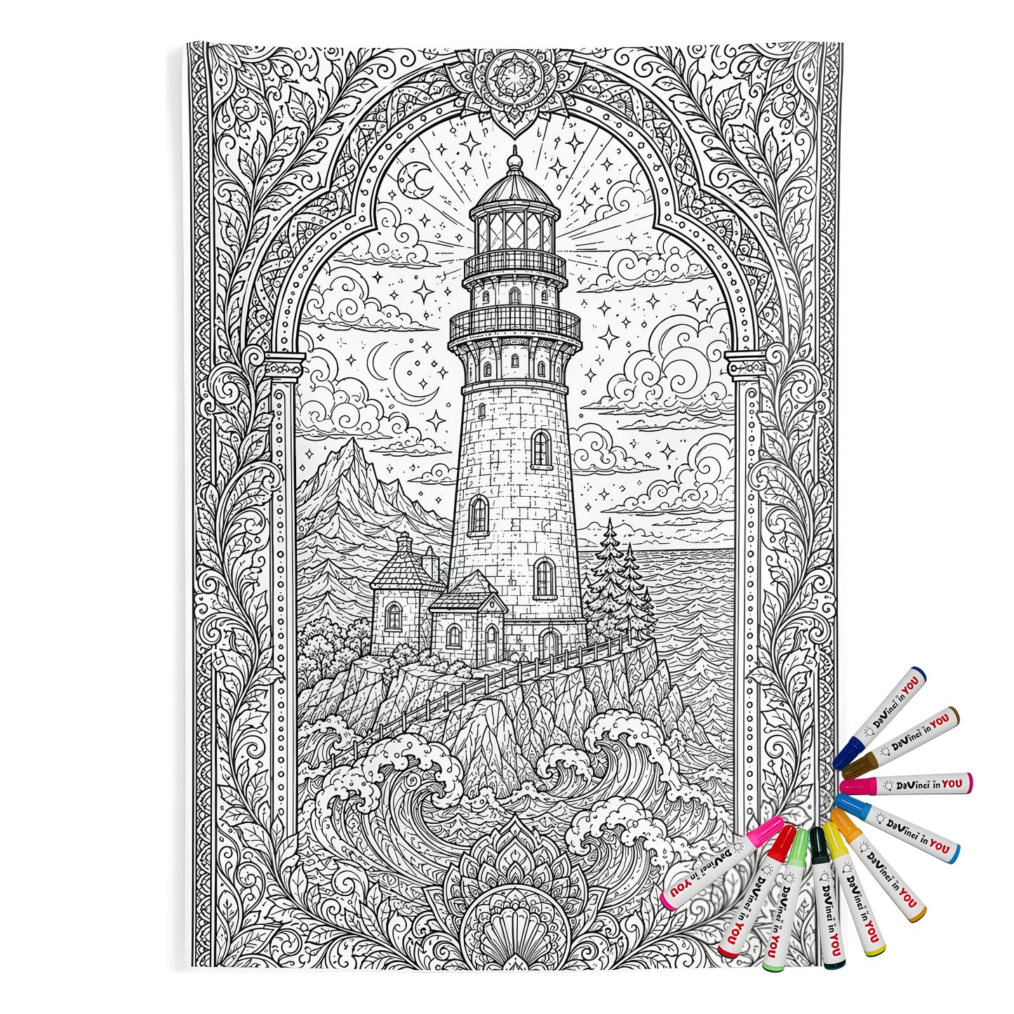 Moonlit Lighthouse By the Sea Indoor Wall Tapestry coloring kit mockup with polyester and graphic print