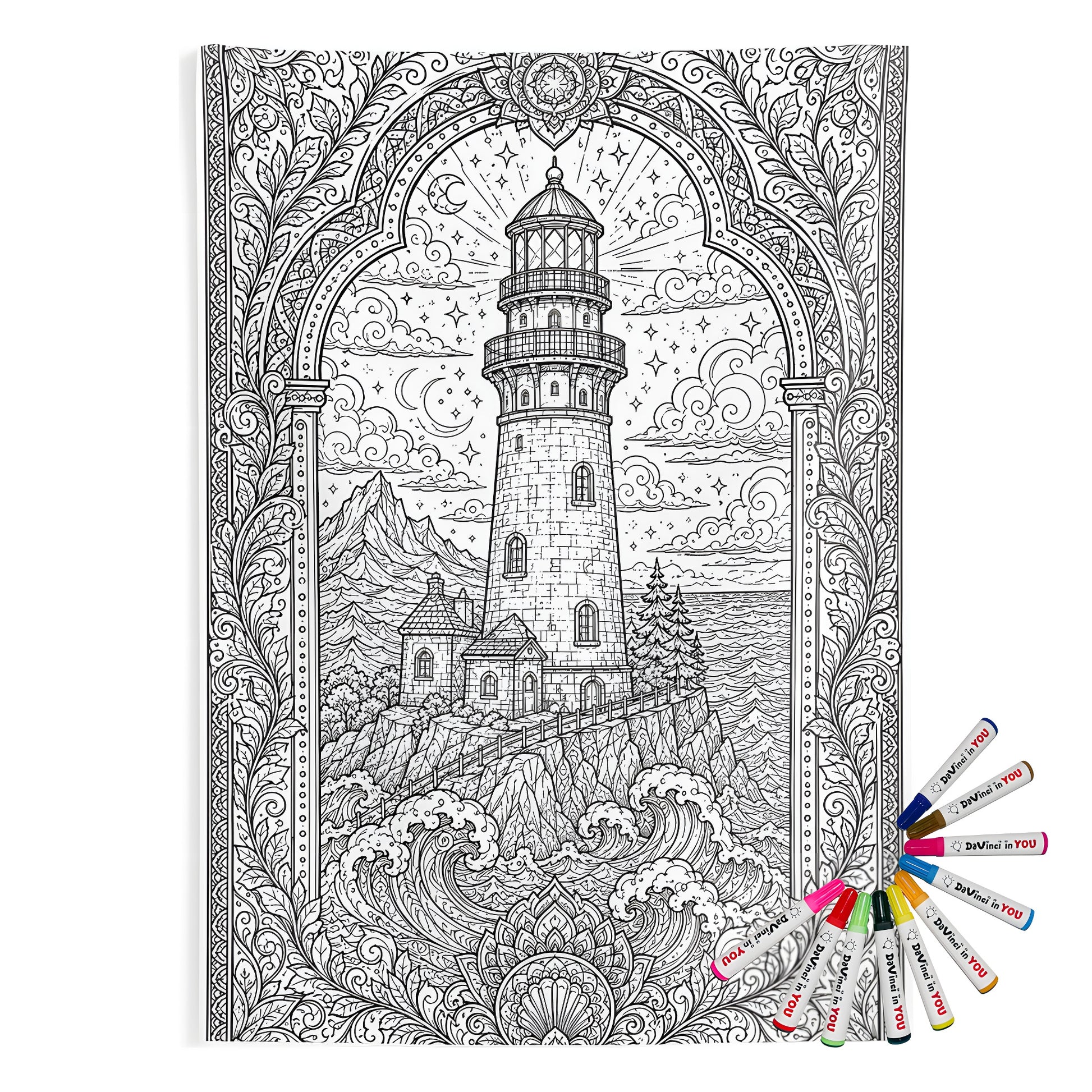 Moonlit Lighthouse By the Sea Indoor Wall Tapestry coloring kit mockup with polyester and graphic print