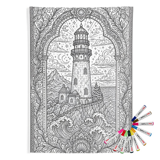Moonlit Lighthouse By the Sea Indoor Wall Tapestry coloring kit mockup with polyester and graphic print