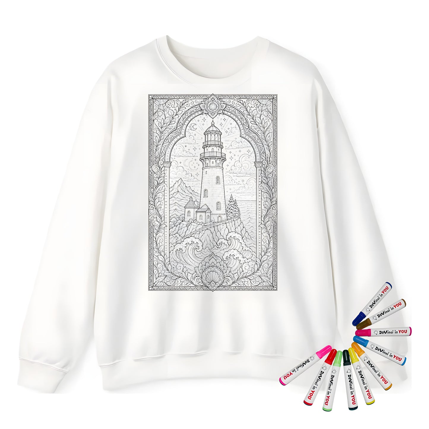 Moonlit Lighthouse By the Sea Adult Crewneck Sweatshirt coloring kit mockup with white base, cotton/polyester blend, and graphic print