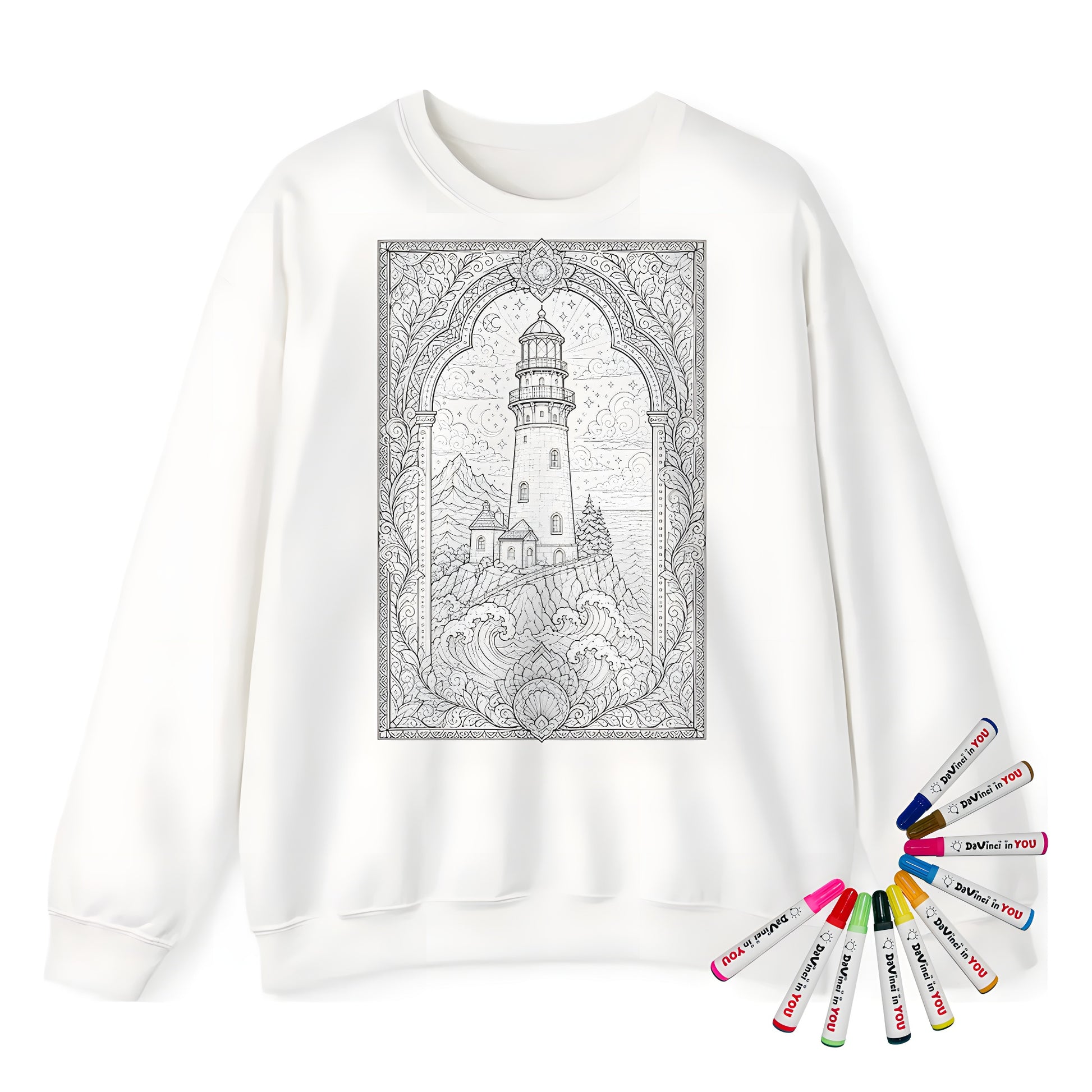Moonlit Lighthouse By the Sea Adult Crewneck Sweatshirt coloring kit mockup with white base, cotton/polyester blend, and graphic print