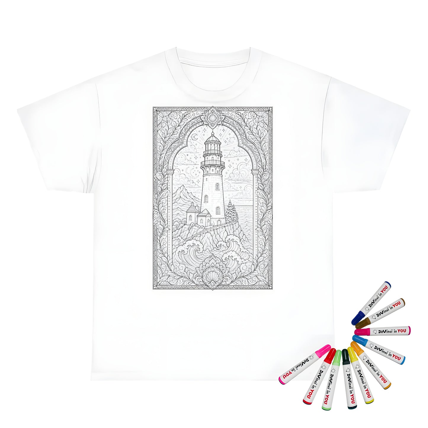 Moonlit Lighthouse By the Sea Kids T-Shirt coloring kit mockup with white base, cotton, and graphic print