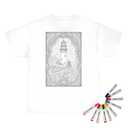 Moonlit Lighthouse By the Sea Kids T-Shirt coloring kit mockup with white base, cotton, and graphic print