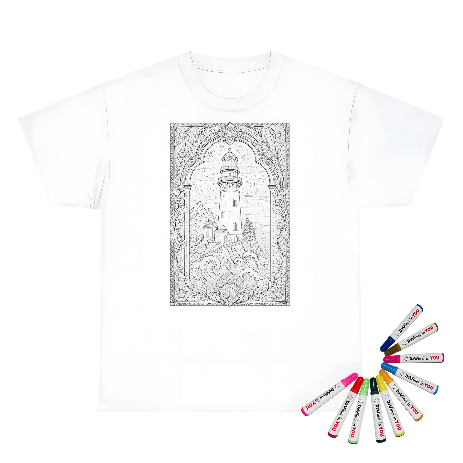 Moonlit Lighthouse By the Sea Unisex T-Shirt coloring kit mockup with white base, cotton, and graphic print