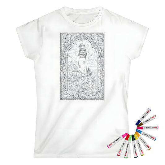 Moonlit Lighthouse By the Sea Womens T-Shirt coloring kit mockup with white base, cotton, and graphic print