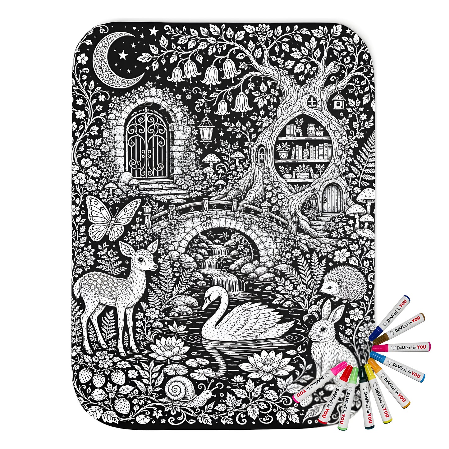 Moonlit Woodland Pond Sherpa Blanket coloring kit mockup with polyester and graphic print