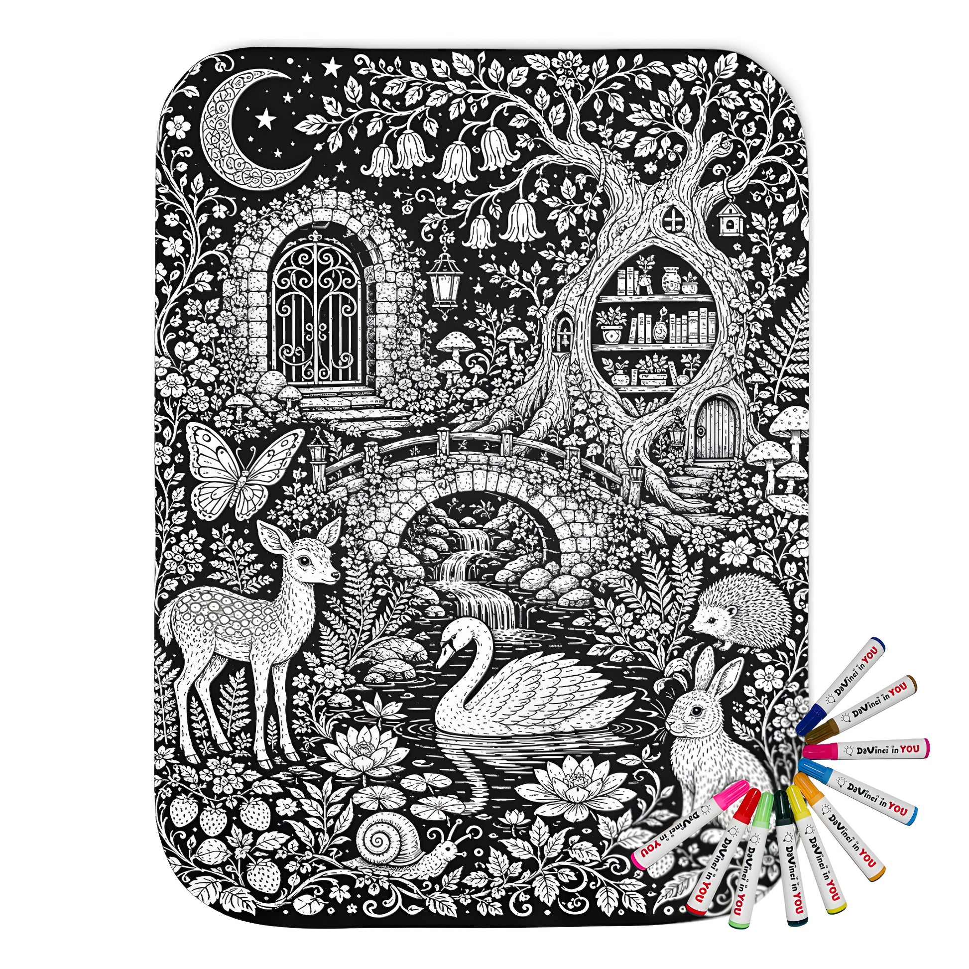 Moonlit Woodland Pond Sherpa Blanket coloring kit mockup with polyester and graphic print