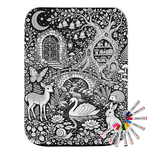 Moonlit Woodland Pond Sherpa Blanket coloring kit mockup with polyester and graphic print
