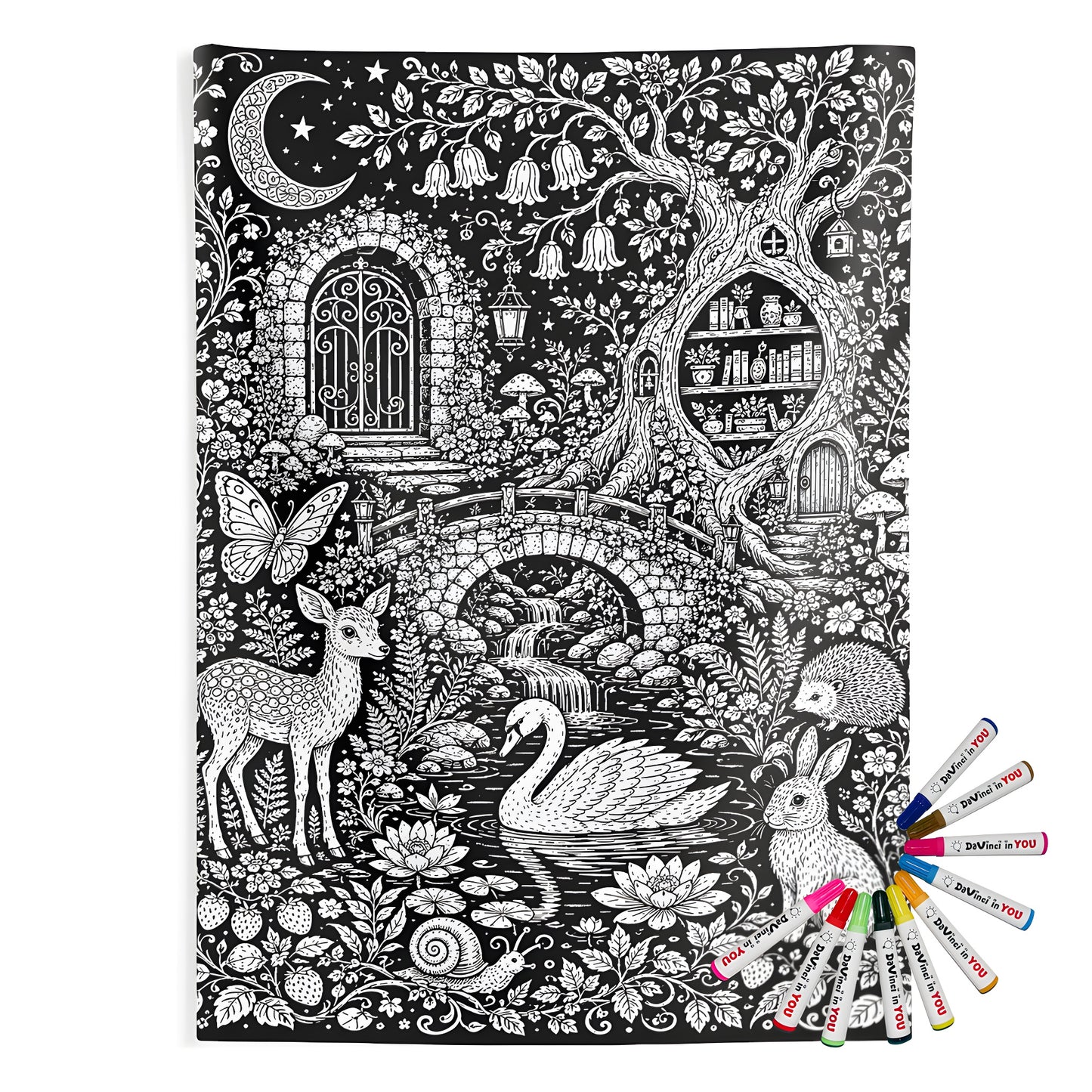 Moonlit Woodland Pond Indoor Wall Tapestry coloring kit mockup with polyester and graphic print