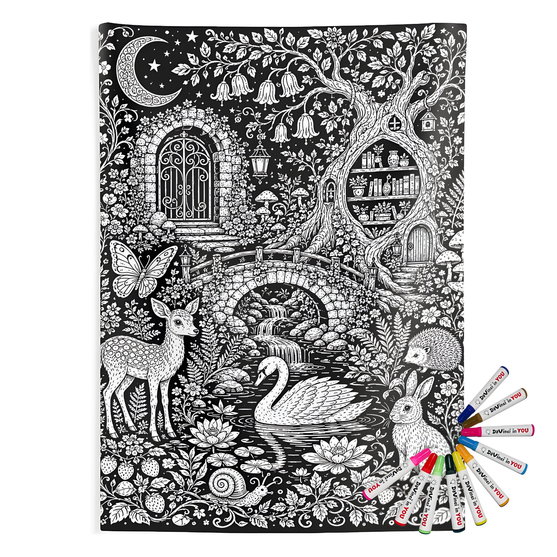 Moonlit Woodland Pond Indoor Wall Tapestry coloring kit mockup with polyester and graphic print