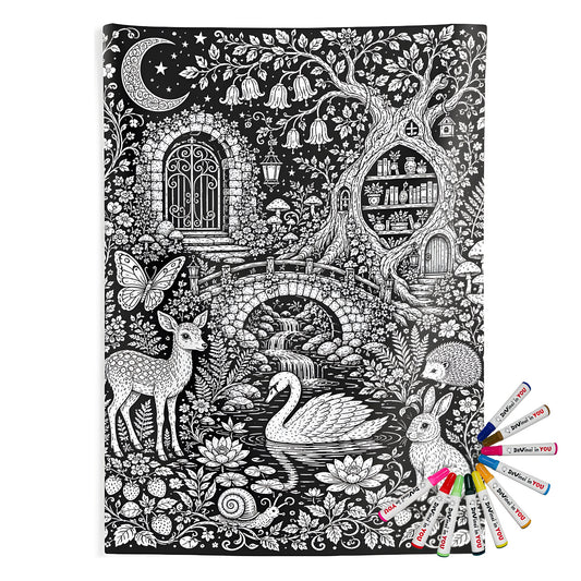 Moonlit Woodland Pond Indoor Wall Tapestry coloring kit mockup with polyester and graphic print
