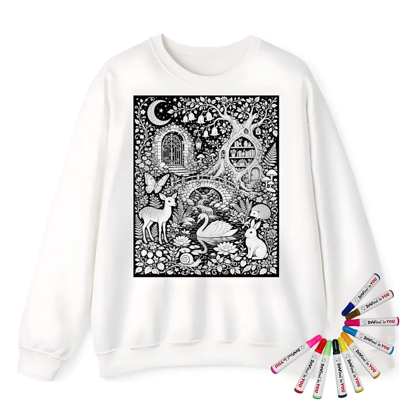 Moonlit Woodland Pond Adult Crewneck Sweatshirt coloring kit mockup with white base, cotton/polyester blend, and graphic print