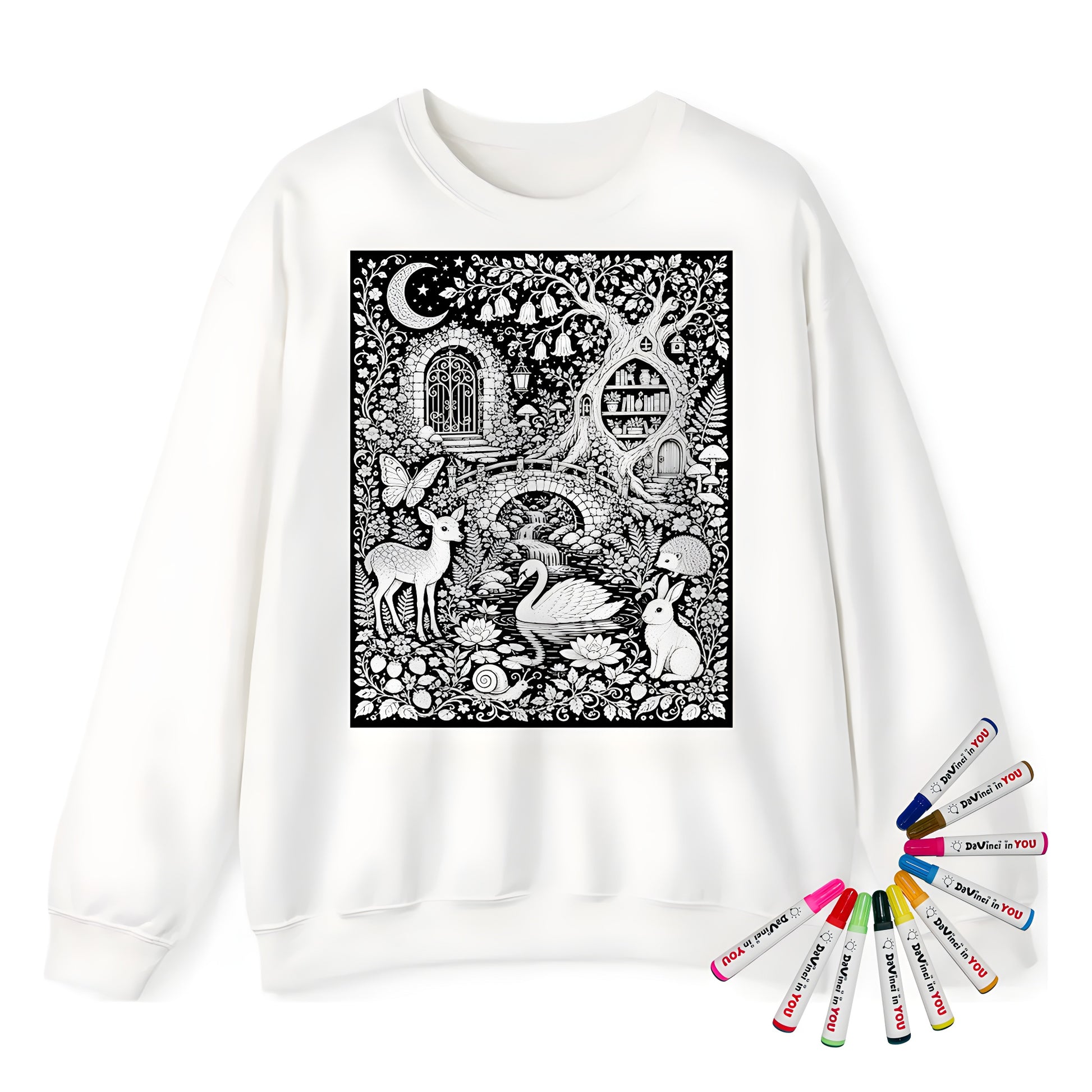 Moonlit Woodland Pond Adult Crewneck Sweatshirt coloring kit mockup with white base, cotton/polyester blend, and graphic print