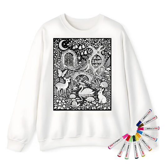 Moonlit Woodland Pond Adult Crewneck Sweatshirt coloring kit mockup with white base, cotton/polyester blend, and graphic print