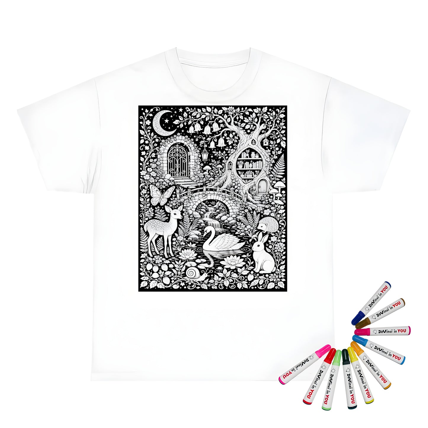 Moonlit Woodland Pond Kids T-Shirt coloring kit mockup with white base, cotton, and graphic print