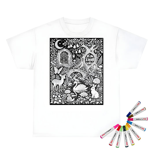 Moonlit Woodland Pond Kids T-Shirt coloring kit mockup with white base, cotton, and graphic print