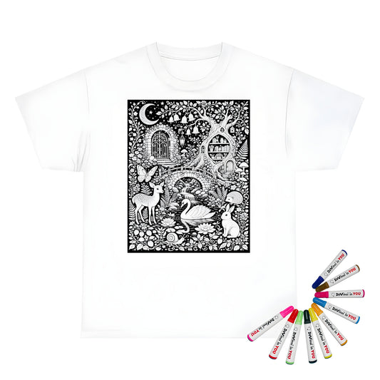 Moonlit Woodland Pond Unisex T-Shirt coloring kit mockup with white base, cotton, and graphic print